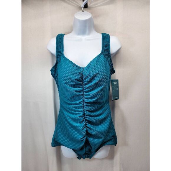 Maxine of Hollywood Textured Spa Shirred Front Girl Leg One Piece Women's 14 Swi - Picture 1 of 8